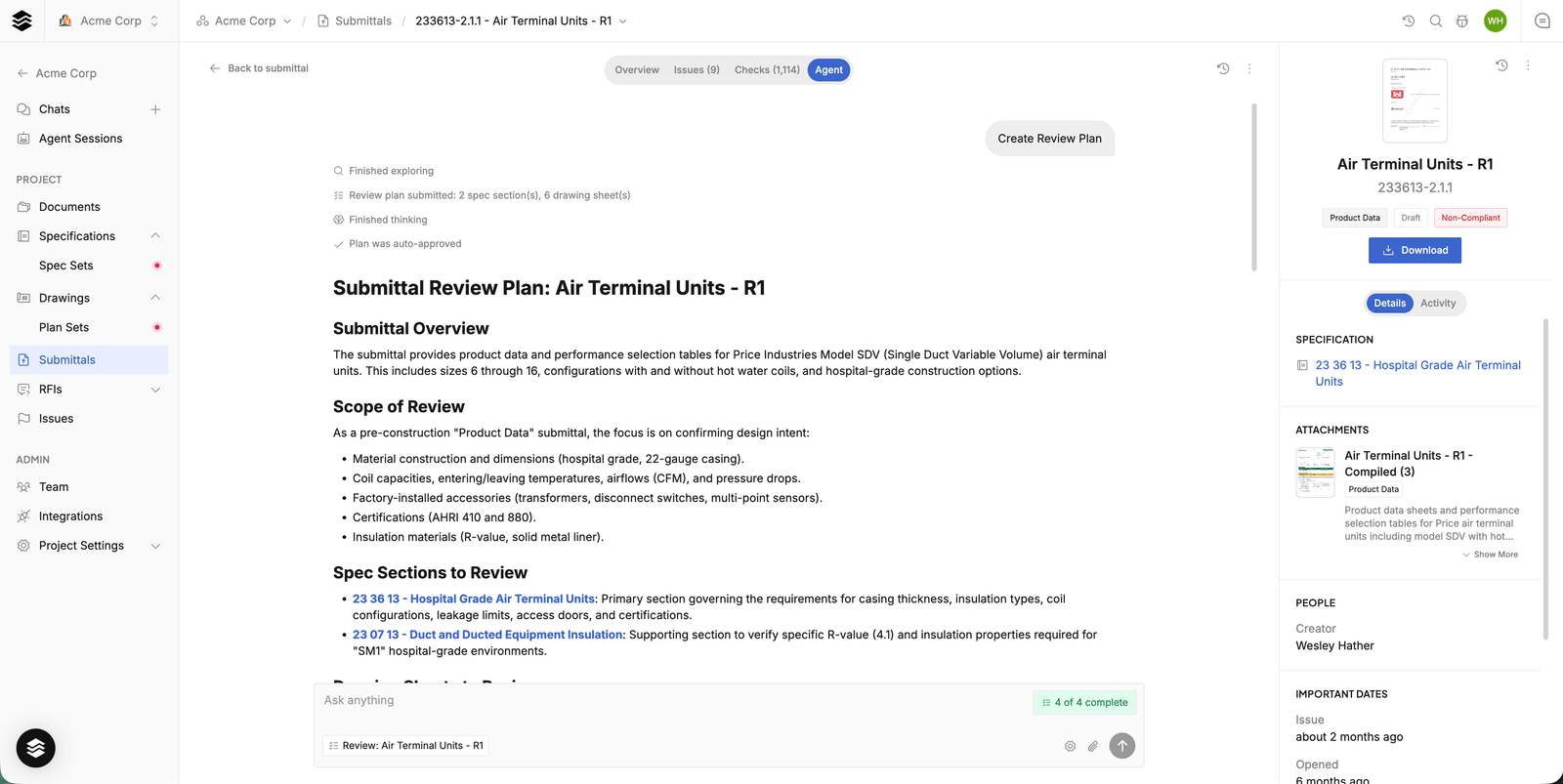 Submittal review plan with sections, drawings, and product data scope