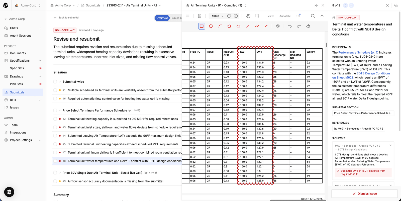 Issue flyout with annotated submittal PDF page