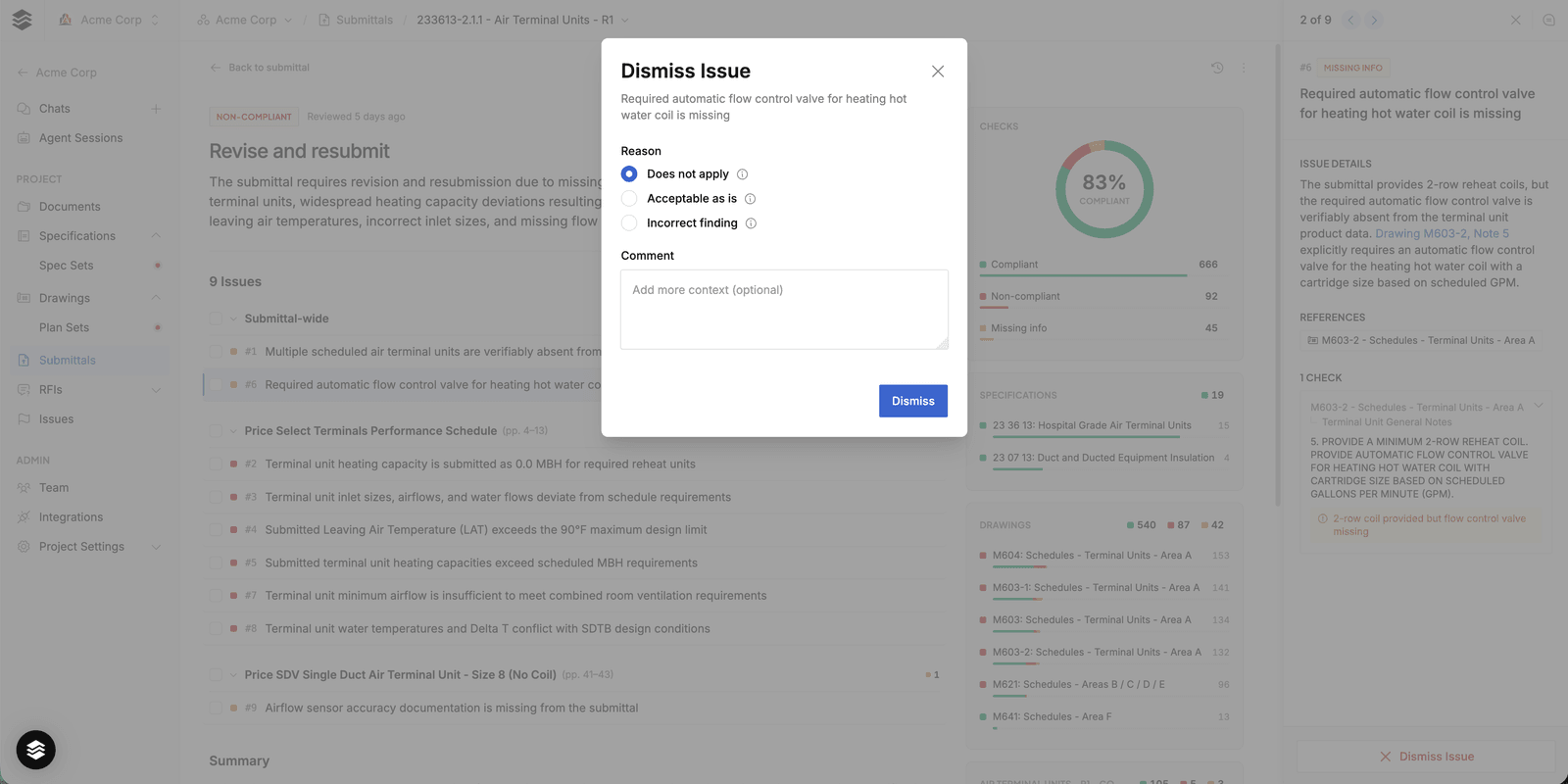 Dismiss issue modal with reason and comment